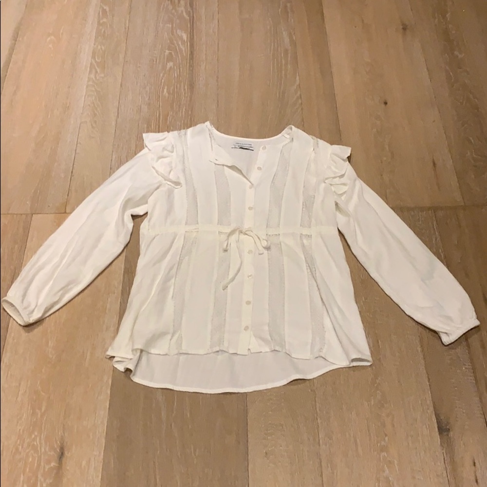 White long sleeved, lace, ruffle button-up shirt